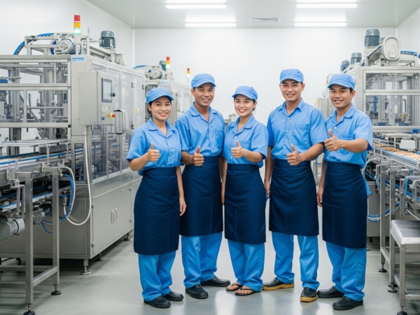 Đội ngũ công nhân Việt Nam hạnh phúc và chuyên nghiệp tại nhà máy chế biến thực phẩm, minh họa cho lợi thế của visa lao động Ba Lan.