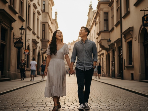 Một cặp đôi Việt Nam hạnh phúc dạo phố tại Ba Lan, minh họa cho cuộc sống mới và thành công nhờ visa lao động Ba Lan.